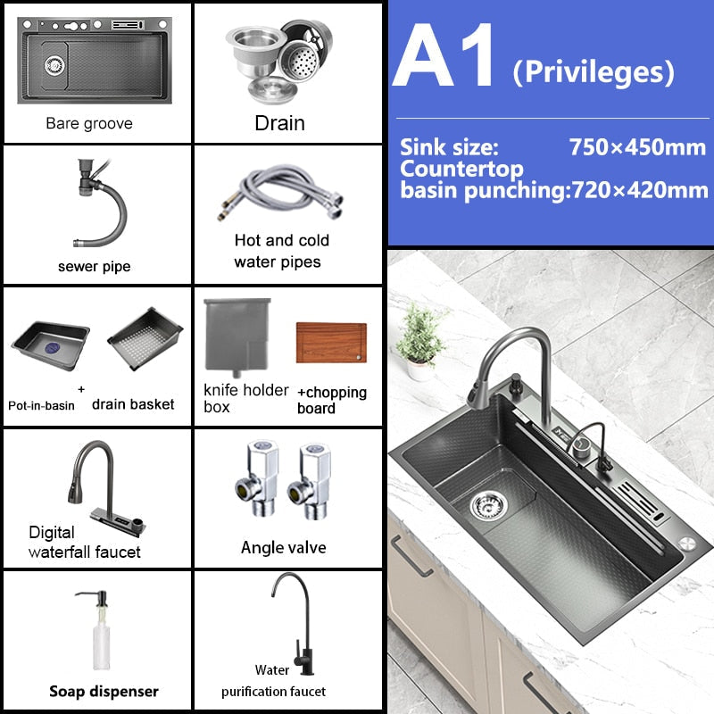 Waterfall Kitchen Sink Stainless Steel Embossed Washbasin Large Single Slot Left Drain