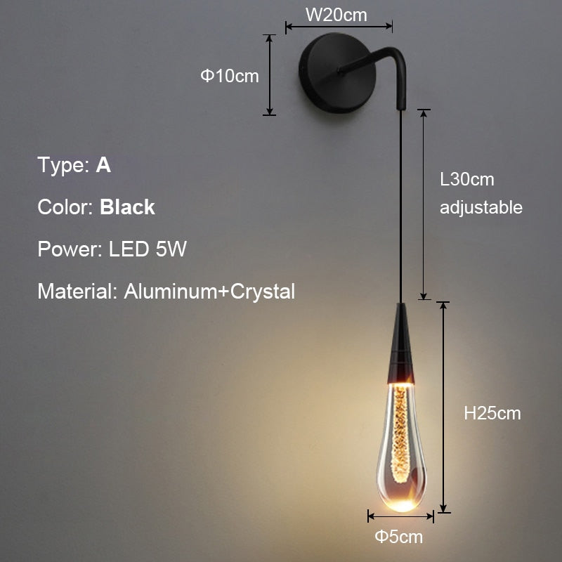 Creative Raindrops Wall Lights Living Bedroom Luxury Crystal Lamps With Zipper Switch Clear Gold