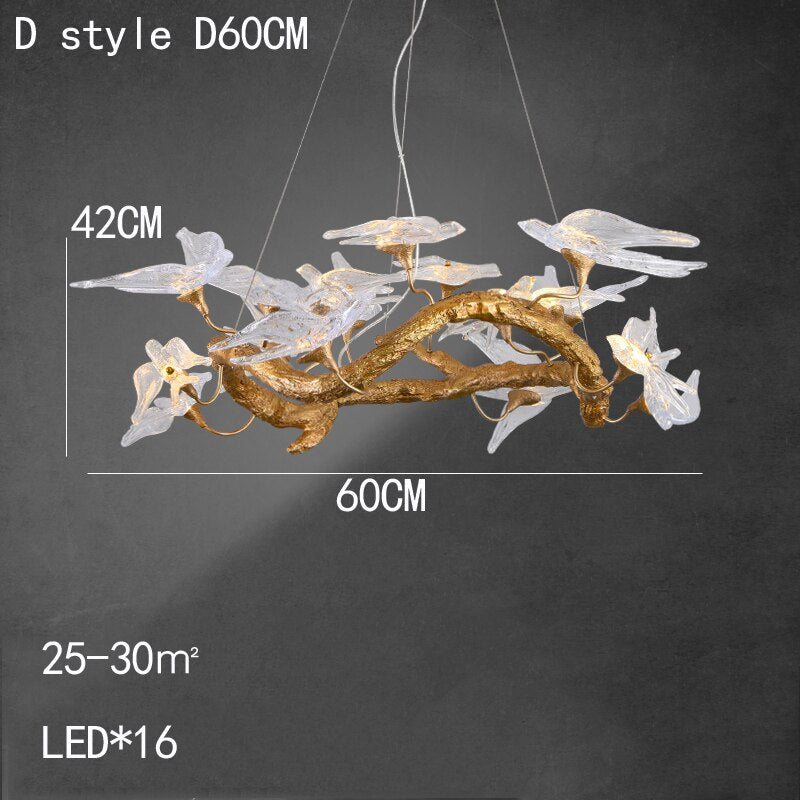 Branches Copper Chandelier Lustre Hanging Lamps For Ceiling Modern Suspension Bird Crystal