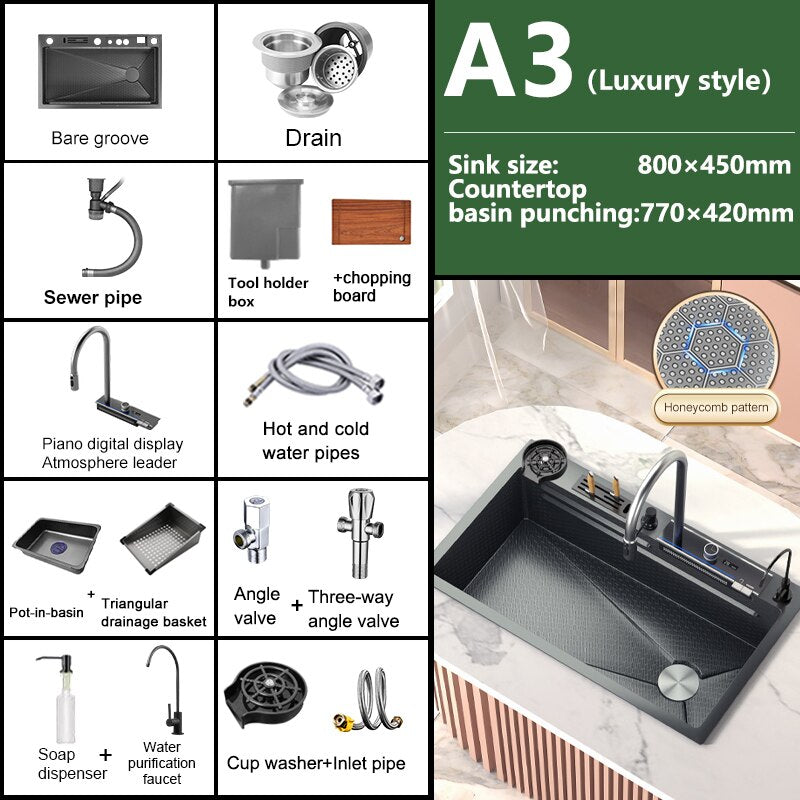Stainless Steel Waterfall Kitchen Sink Digital Display Embossed Large Single - Slot Multifunctional