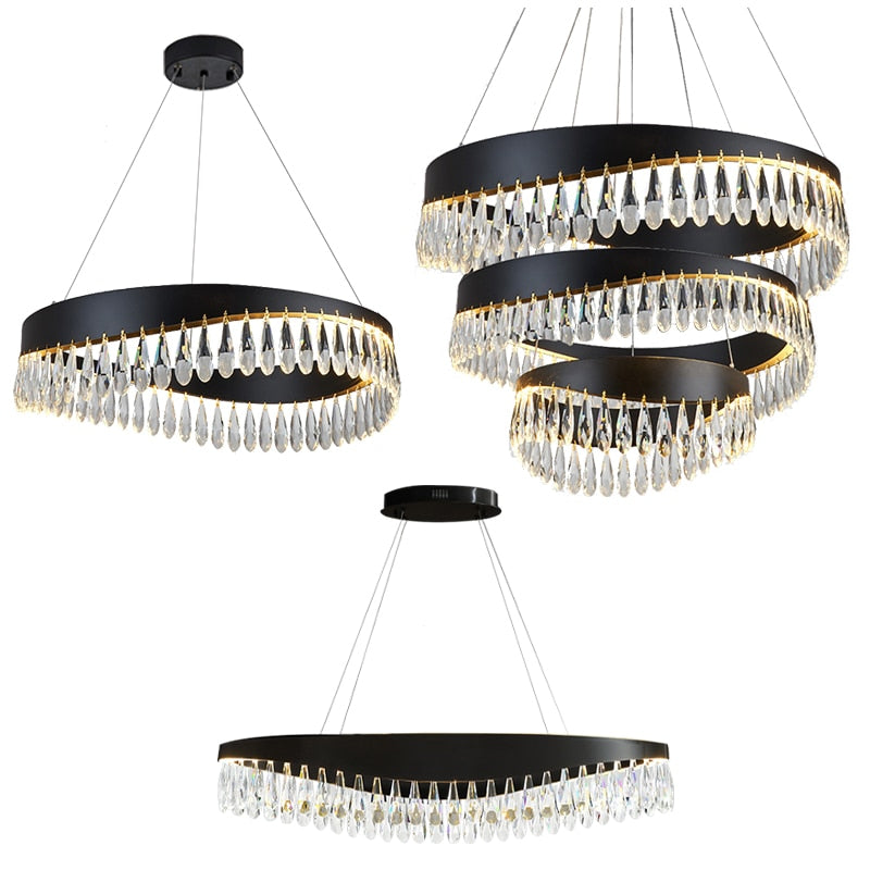 Artistic Curve Modern Suspension Chandeliers Black Luxury Crystal Hanging Lamps For Ceiling