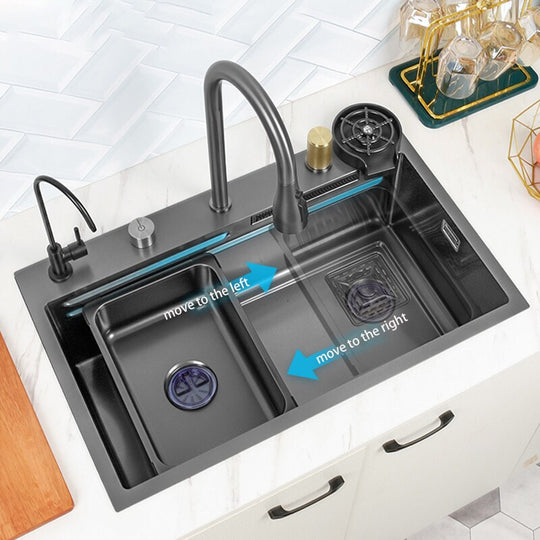 Black Nano Kitchen Sink 304 Stainless Steel Waterfall Basin Large Single Bowl With Multifunction