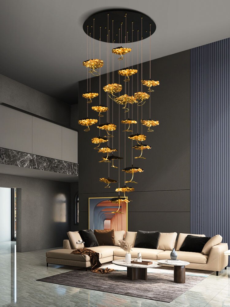Modern Copper Lotus Staircase Led Chandelier Luxury Large Leaf Villa Stair Lighting Fixtures