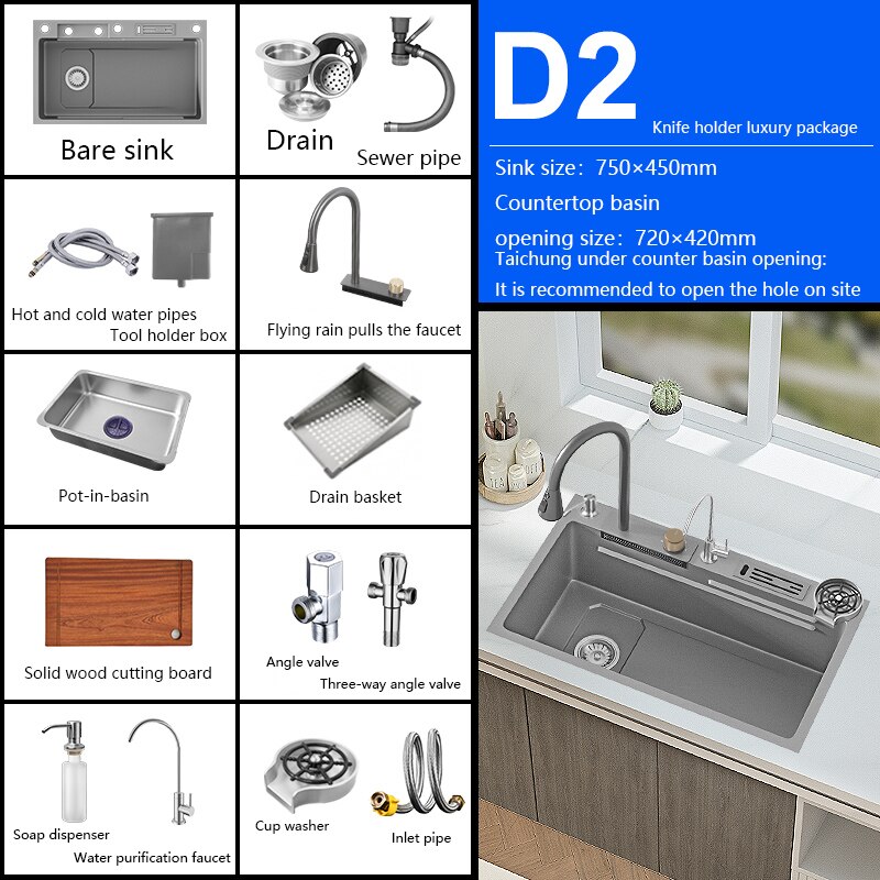 New Grey Nano 304 Stainless Steel Kitchen Sink Waterfall Basin Large Single Slot With Faucet For