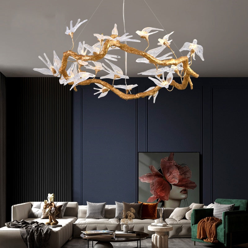 Branches Copper Chandelier Lustre Hanging Lamps For Ceiling Modern Suspension Bird Crystal