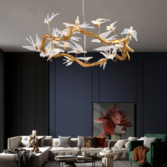 Branches Copper Chandelier Lustre Hanging Lamps For Ceiling Modern Suspension Bird Crystal