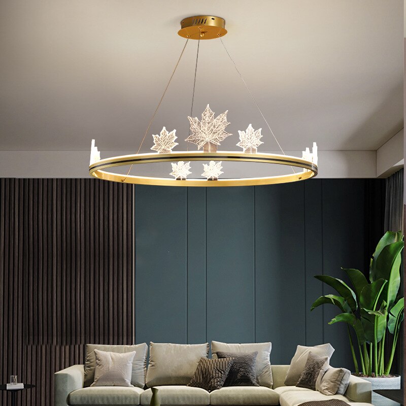 Modern Aluminum Ring Pendant Lights Dimming Foyer Restaurant Bedroom Hanging Lamp Acrylic Leaves