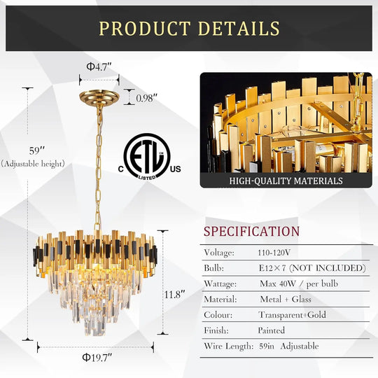 Crystal Chandeliers Black And Gold Large 20” Round Chandelier For Dining Room Luxury Ceiling