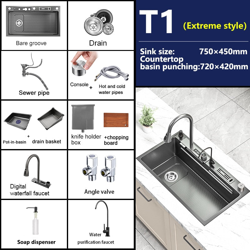 Waterfall Kitchen Sink Stainless Steel Embossed Washbasin Large Single Slot Left Drain