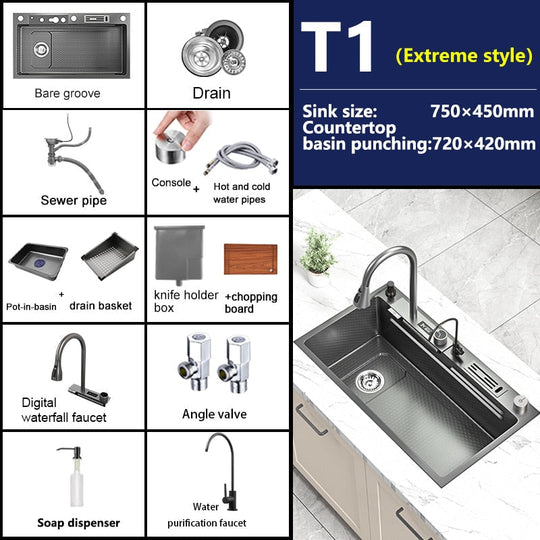 Waterfall Kitchen Sink Stainless Steel Embossed Washbasin Large Single Slot Left Drain