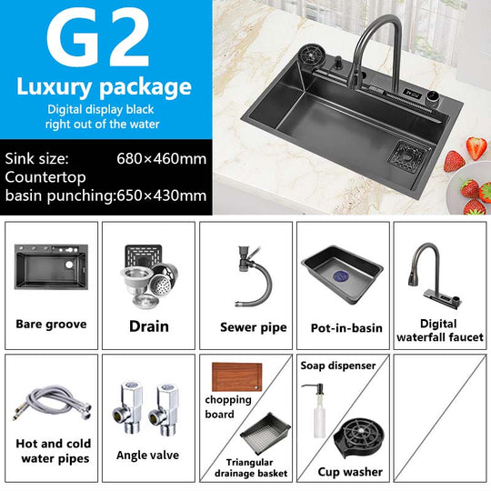 Waterfall Sink Kitchen 304 Stainless Steel Large Single Slot With Multifunction Touch Faucet Above