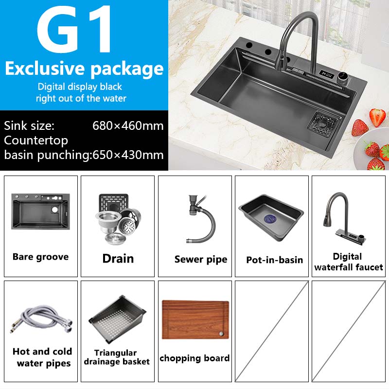 Waterfall Sink Kitchen 304 Stainless Steel Large Single Slot With Multifunction Touch Faucet Above