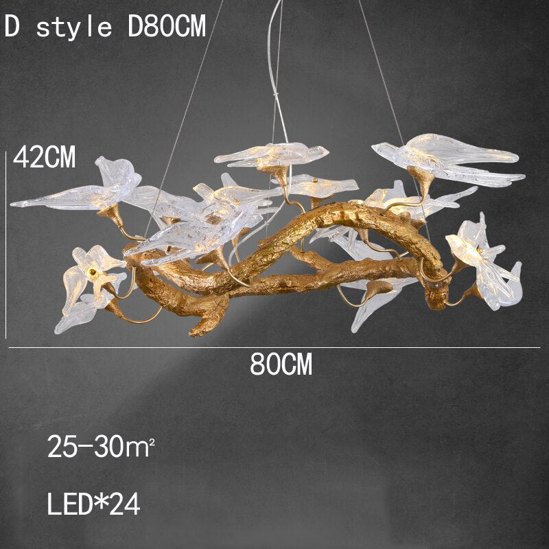 Branches Copper Chandelier Lustre Hanging Lamps For Ceiling Modern Suspension Bird Crystal