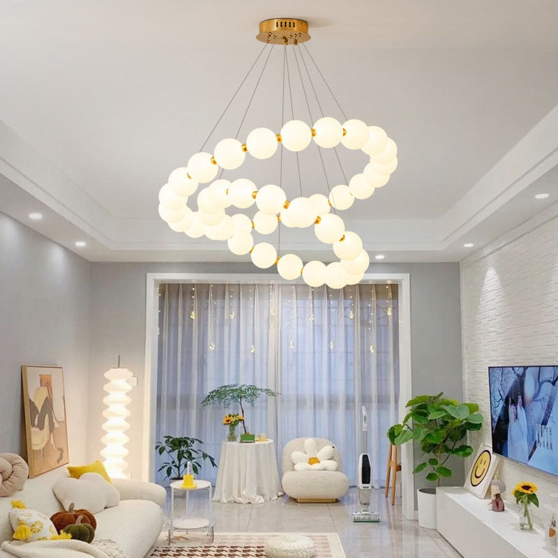 Luxury Copper Led Chandeliers White Acrylic Ball Parlor Hall Hanging Lamp Dining Room Bedroom