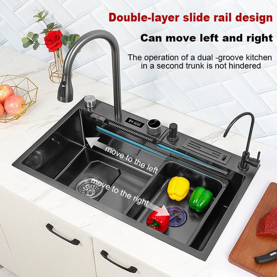 304 Stainless Steel Kitchen Waterfall Sink Digital Display Large Single Dish Basin With