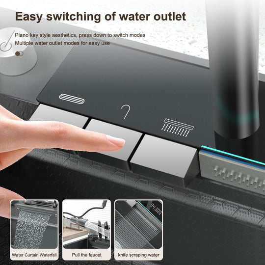 Stainless Steel Waterfall Kitchen Sink Digital Display Embossed Large Single - Slot Multifunctional