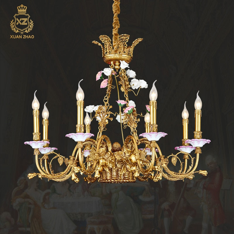 6/8/15 Lights French Pastoral Copper Flower Basket Chandelier European Style Classic Living Dining