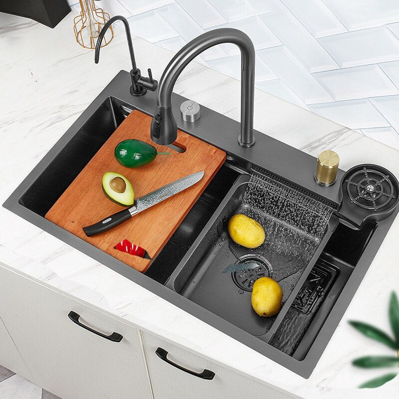 Black Nano Kitchen Sink 304 Stainless Steel Waterfall Basin Large Single Bowl With Multifunction