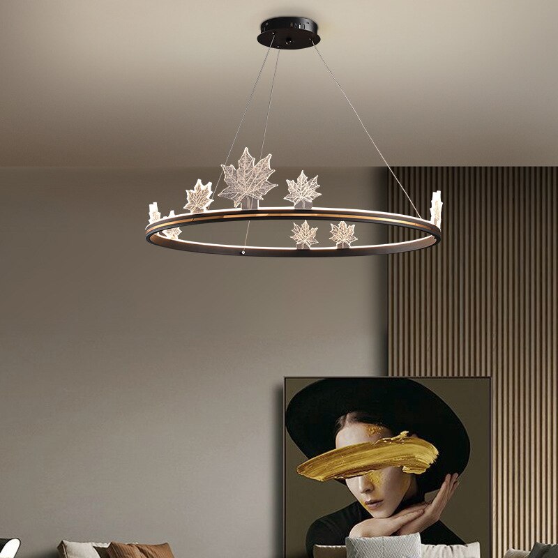 Modern Aluminum Ring Pendant Lights Dimming Foyer Restaurant Bedroom Hanging Lamp Acrylic Leaves