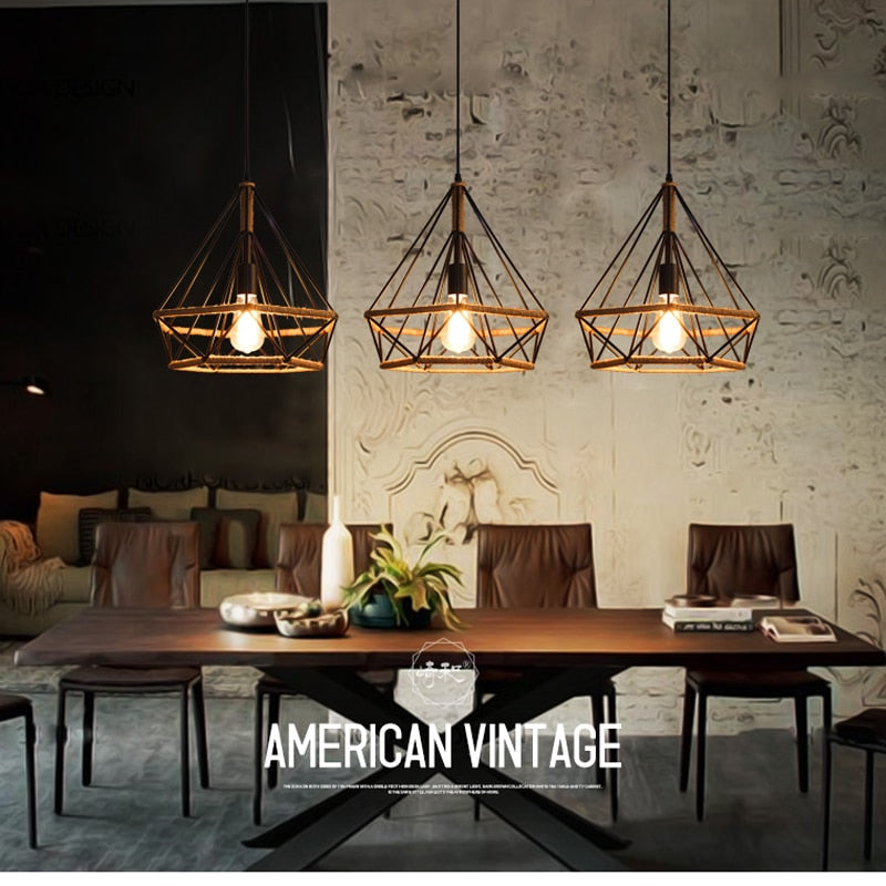Retro Industrial Chandelier Russian Attic Cage Diamond - Shaped Hemp Rope Dining Room Living