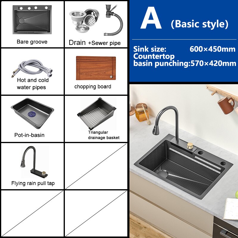 Waterfall Sink Kitchen 304 Stainless Steel Large Single Slot Modern Multifuctional Workstation With