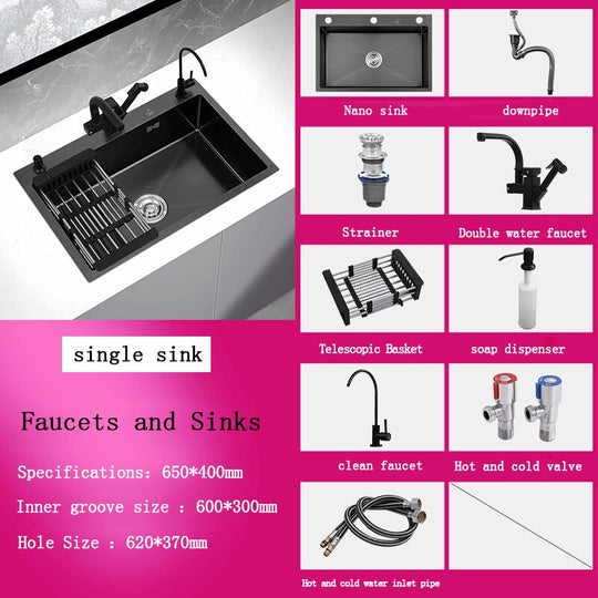 Black Stainless Steel Single Bowl Kitchen Sink Undermount Dishwasher 65X40 3 Sink