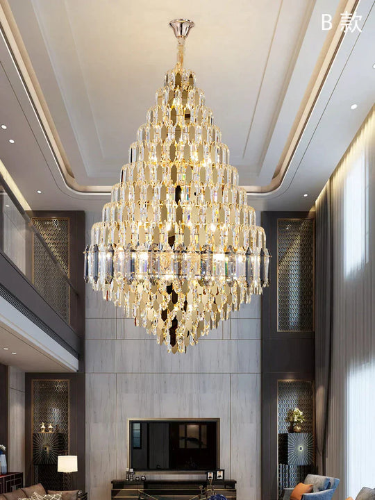 Large Chandelier Indoor Decorative Luxurious Golden Amber Crystal Long Chain Lamp For Lobby Villa