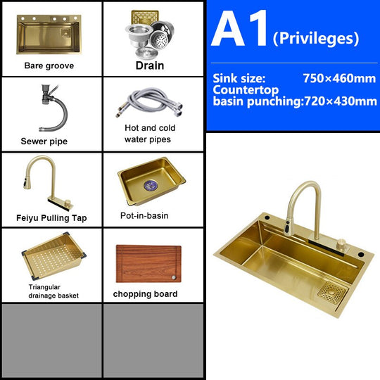 Waterfall Kitchen Sink Gold Nano 304 Stainless Steel Large Single Bowl Modern Multifuctional