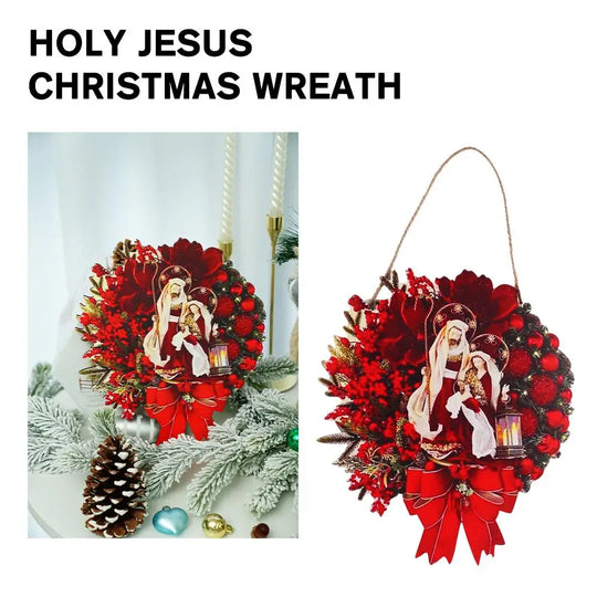 Christmas Nativity Holy Family Wreath With Artificial Berries Greenery Bow Jesus Christ Hanging