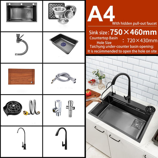 Black Nano Kitchen Sink 304 Stainless Steel Waterfall Basin Large Single Bowl With Multifunction