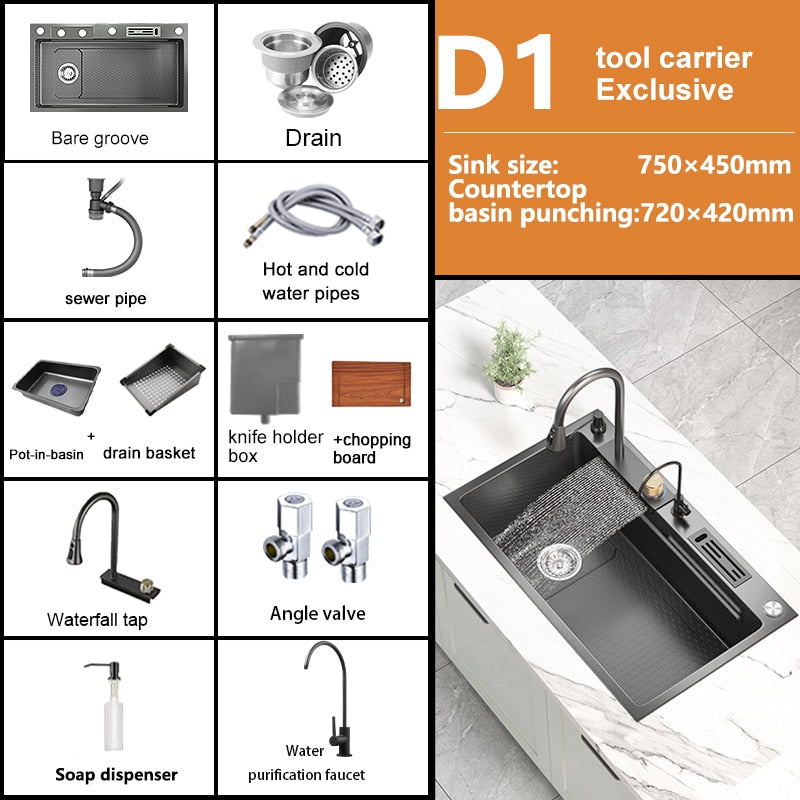 Waterfall Kitchen Sink Stainless Steel Embossed Washbasin Large Single Slot Left Drain