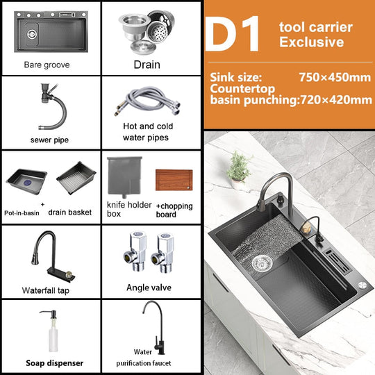 Waterfall Kitchen Sink Stainless Steel Embossed Washbasin Large Single Slot Left Drain
