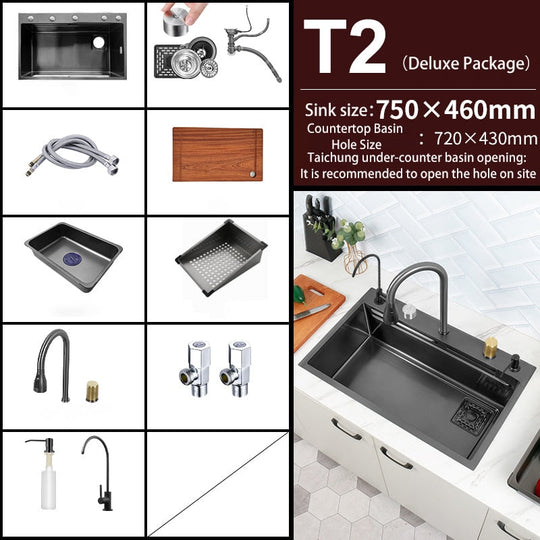 Black Nano Kitchen Sink 304 Stainless Steel Waterfall Basin Large Single Bowl With Multifunction