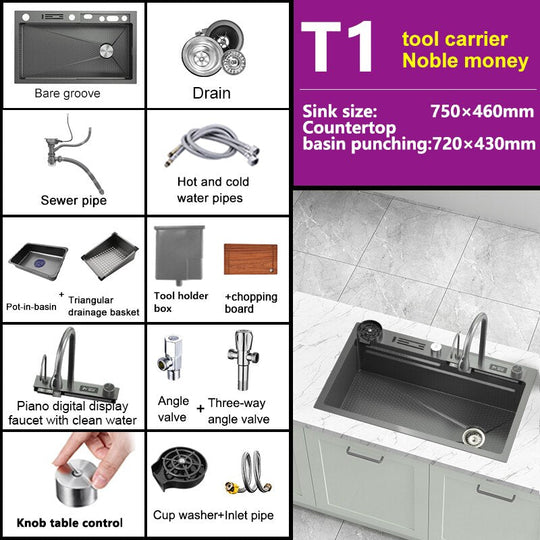 Stainless Steel Kitchen Sink Digital Display Embossed Waterfall Sink Large Single Slot
