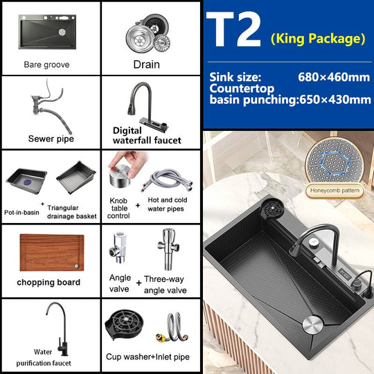 Stainless Steel Kitchen Sink Digital Display Embossed Waterfall Sink Large Single Slot