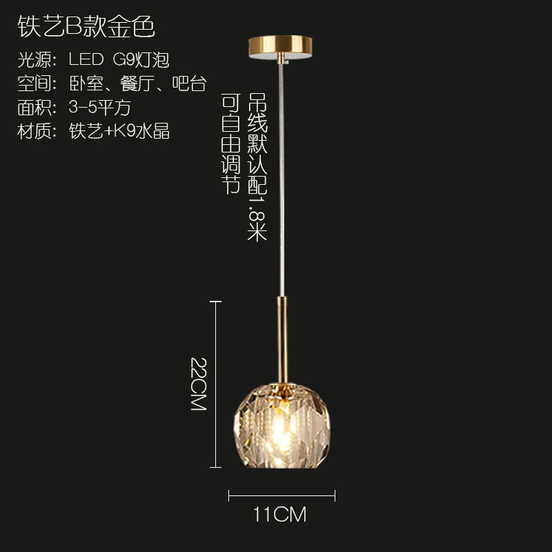 Nordic Crystal Hanging Light Bedroom Bedside Chandelier For Dining Room Living Fixture B - Gold /