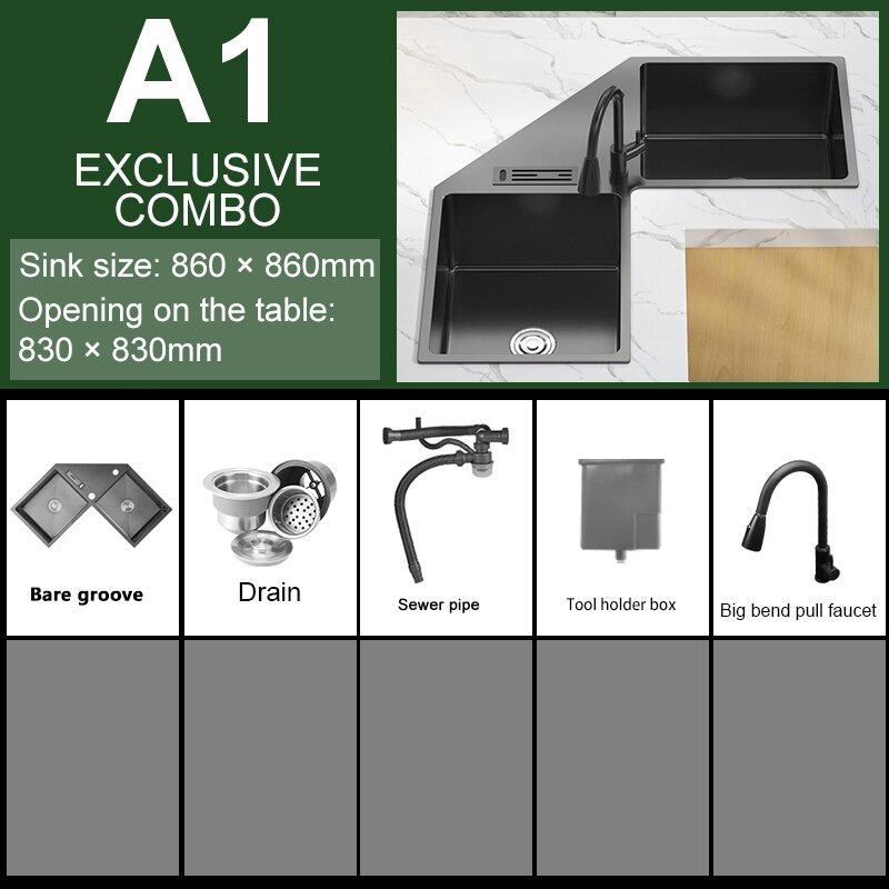 Shape Stainless Steel Kitchen Sink Household Corner Black L - Shaped Washibasin Hand Washing Bowl