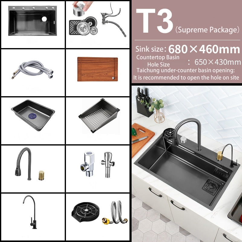 Black Nano Kitchen Sink 304 Stainless Steel Waterfall Basin Large Single Bowl With Multifunction