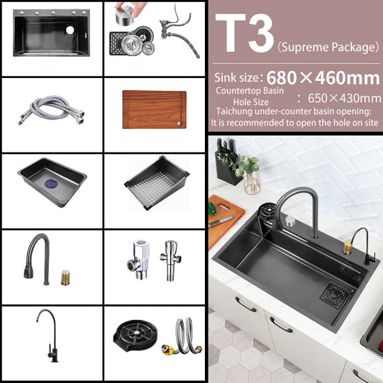 Black Nano Kitchen Sink 304 Stainless Steel Waterfall Basin Large Single Bowl With Multifunction