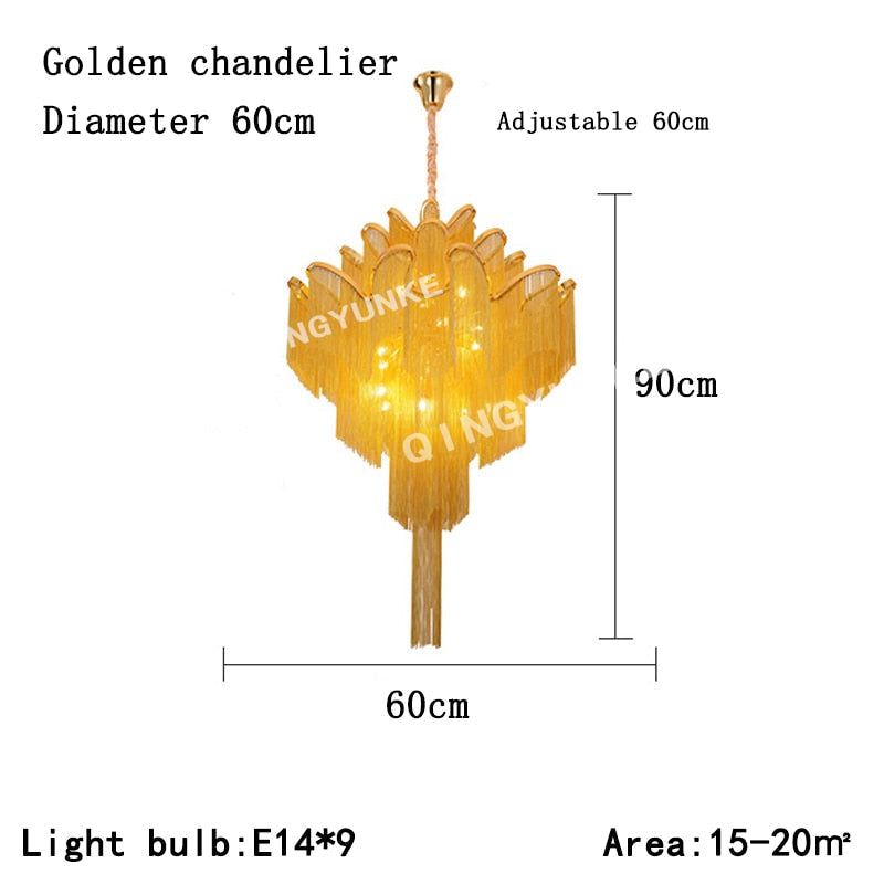 Aluminium Chain Chandelier Fringed Pendant Lamp Luxury Stair Silver Gold Ceiling Light For Home