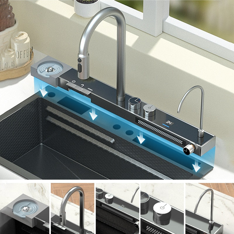 Waterfall Sink Basin Large Single Slot Digital Display 304 Stainless Steel With Faucet For Kitchen