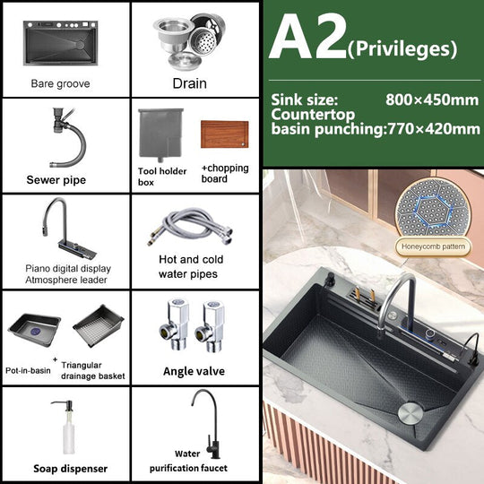 Stainless Steel Waterfall Kitchen Sink Digital Display Embossed Large Single - Slot Multifunctional
