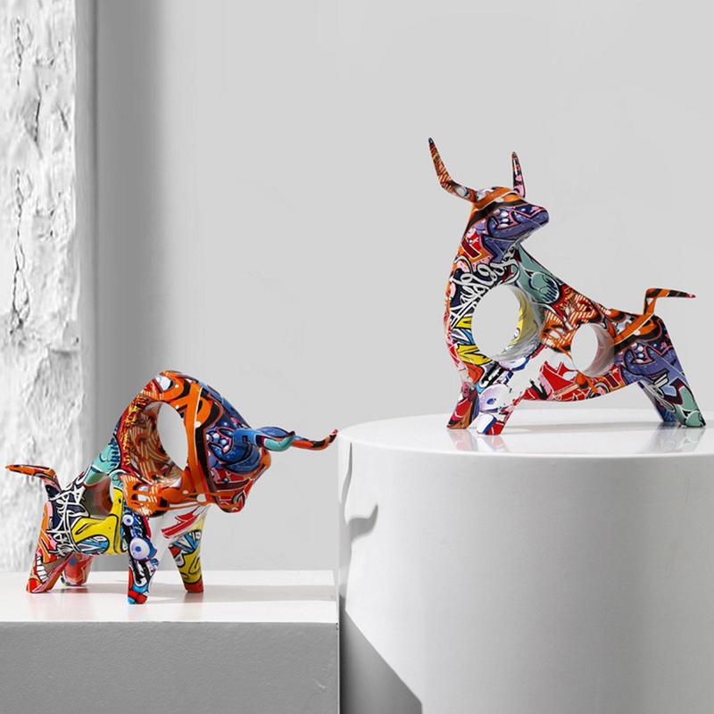 Bull Statue Resin Graffiti Full Color Minimalistic Decor Figurine Creative Abstract Sculpture
