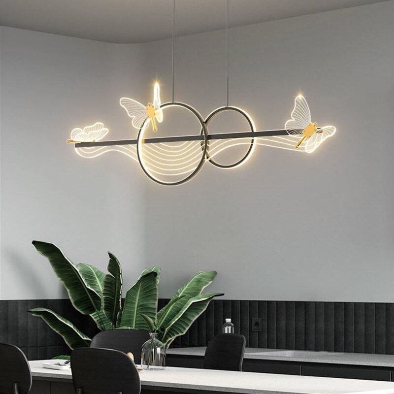 Nordic Light Luxury Dining Room Led Chandelier Modern Rectangular Black/Gold Kitchen Pendant Lamps