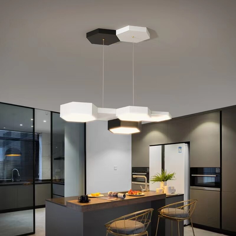 Modern Black White Pendant Lamp Geometric Polygon Led Chandelier Dining Table Living Room Bar
