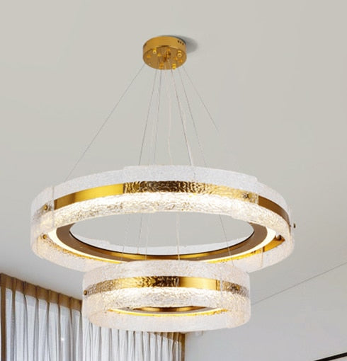 Modern Luxury Wave Clear Glass Led Pendant Light Gold Ring Chandelier Home Decor Living Room