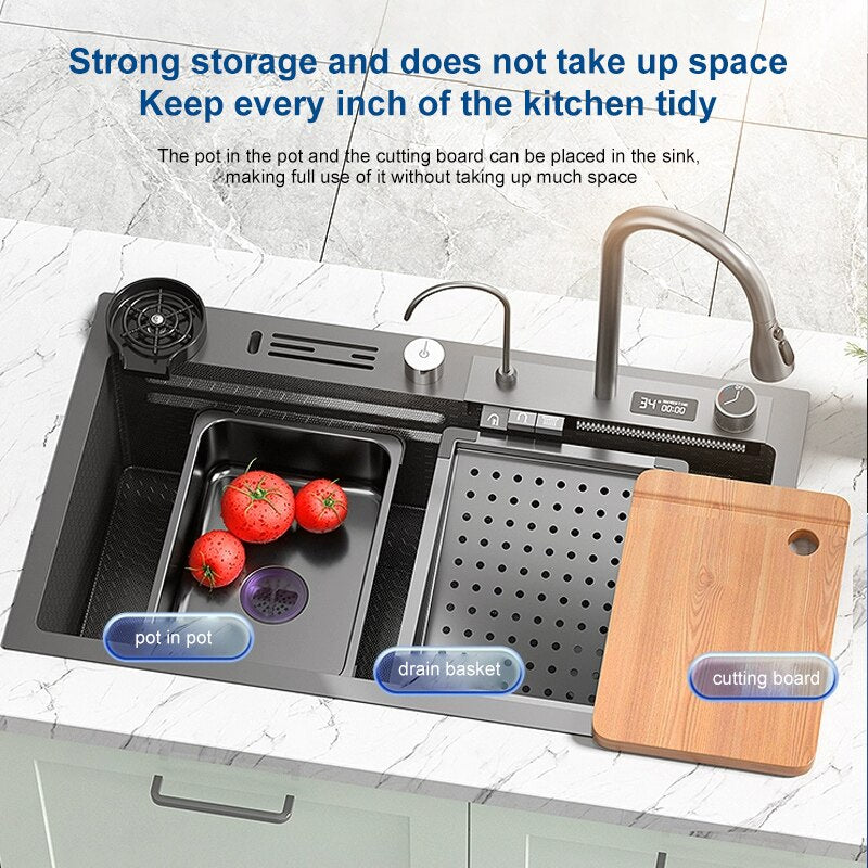 Stainless Steel Kitchen Sink Digital Display Embossed Waterfall Sink Large Single Slot
