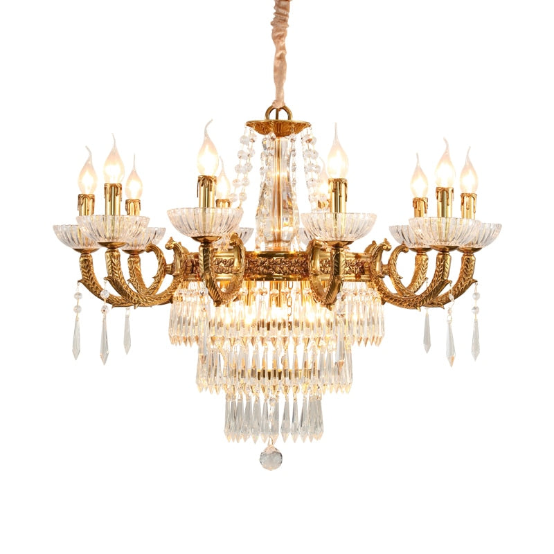 European Elegant Round Clear Crystal Lamp Luxury Foyer Vintage Brass Chandelier Pendant Lighting