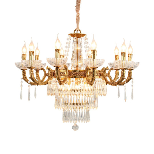 European Elegant Round Clear Crystal Lamp Luxury Foyer Vintage Brass Chandelier Pendant Lighting