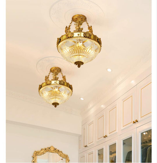 European - Style Copper Semi - Flush Ceiling Lamp - French Golden Lighting Fixture For Living Room